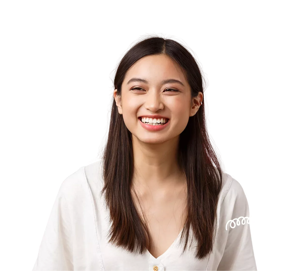 Smiling woman with playful illustration