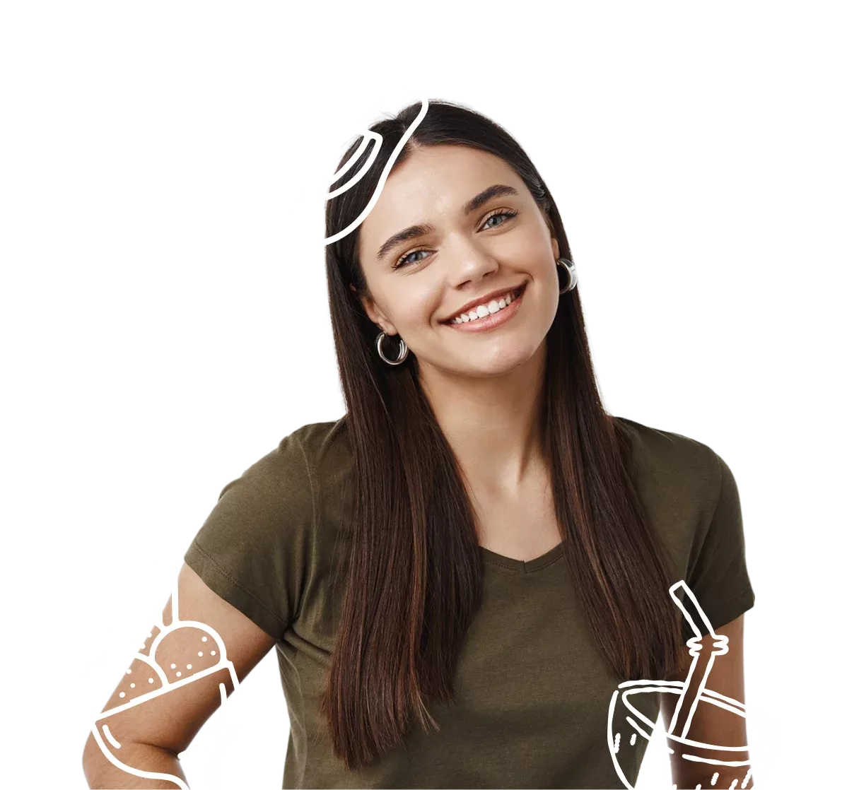 Smiling woman with playful illustration