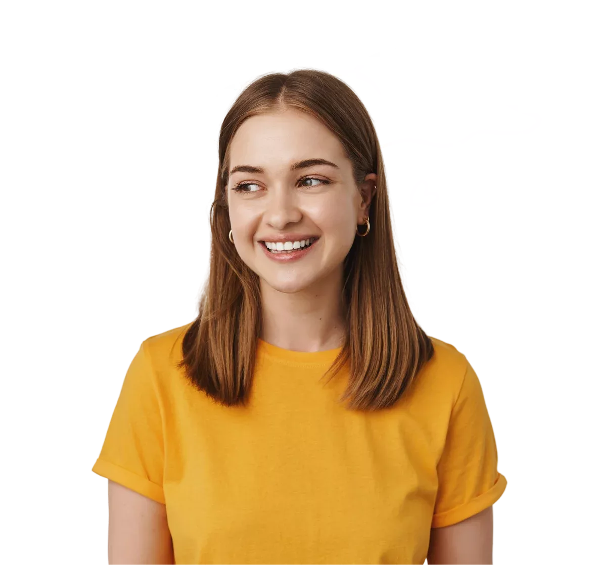 Smiling woman with playful illustration