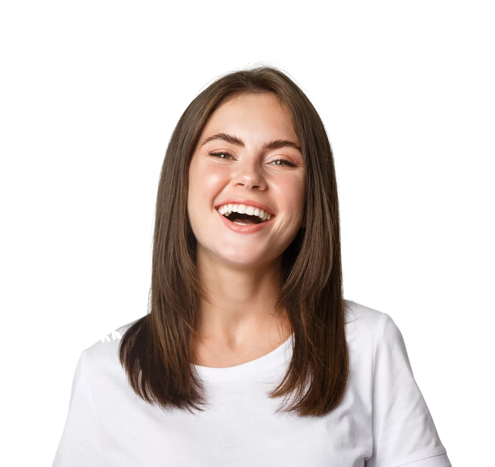 Laughing woman with playful illustration in background