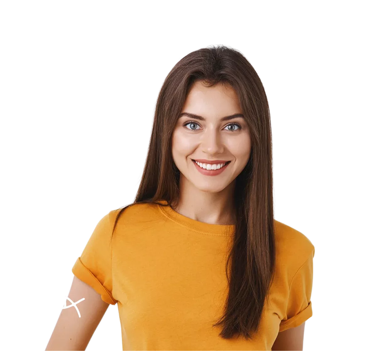Smiling woman with playful illustration