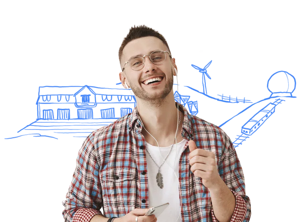 Guy smiling with playful illustration in background